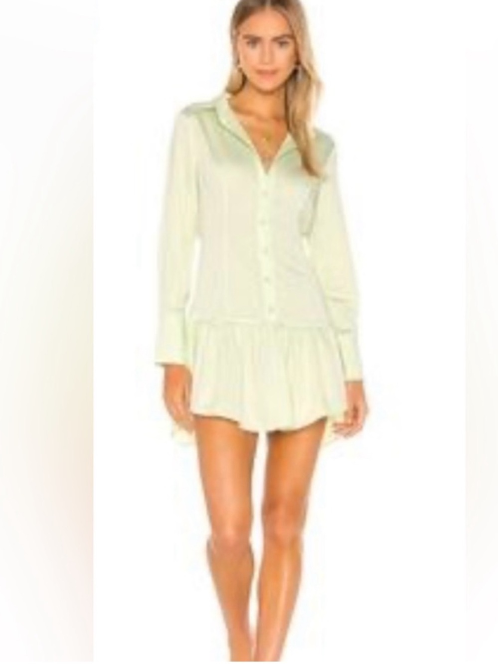 GRLFRND Button Front Shirt Dress Pastel Green Ruffled Hem Womens Large NEW *FLAW
